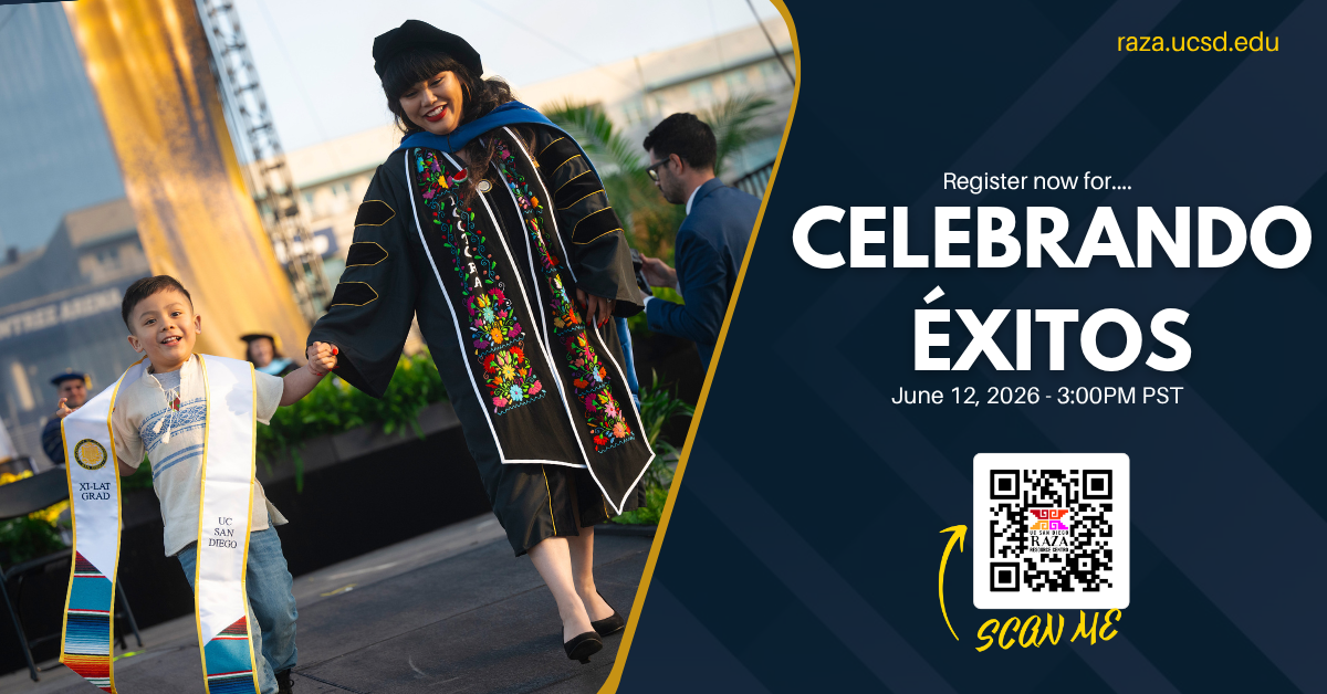 A graduating students walks off the stage wearing her cap and gown while holding the hand of her son who is wearing a white t-shirt and graduation sash. Both are smiling. 